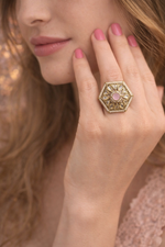 Load image into Gallery viewer, Antique Gold Finish Pink Stone Ring