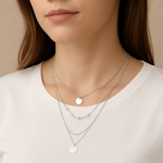 Load image into Gallery viewer, Trendy Silver Layered Chain Necklace with Pearl Beads & Disc Pendants for Women & Girls