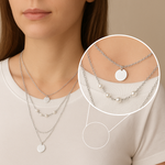 Load image into Gallery viewer, Trendy Silver Layered Chain Necklace with Pearl Beads & Disc Pendants for Women & Girls