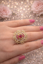 Load image into Gallery viewer, Pink Crystal Gold Finish Statement Ring