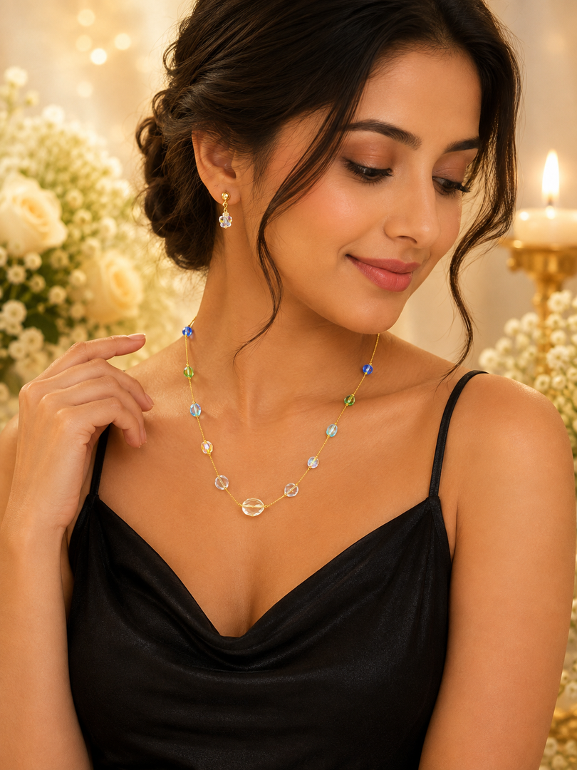Elegant Multi-Color Crystal Beaded Necklace & Earrings Set | Gold-Plated Jewelry for Women