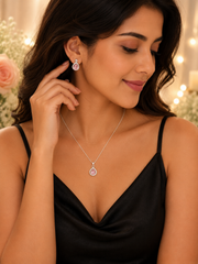 Elegant Pink Teardrop Pendant Necklace & Earrings Set | Silver-Plated Crystal Jewelry for Women