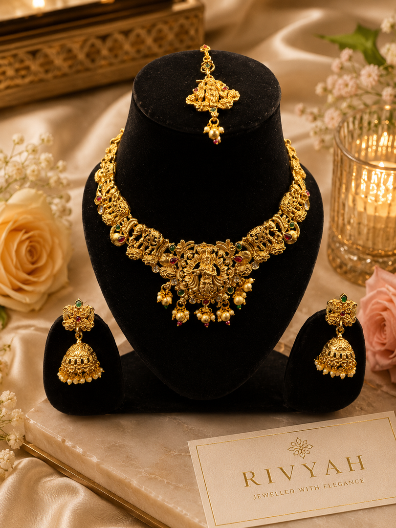 Divine Lakshmi Temple Necklace Set with Jhumka Earrings & Maang Tikka