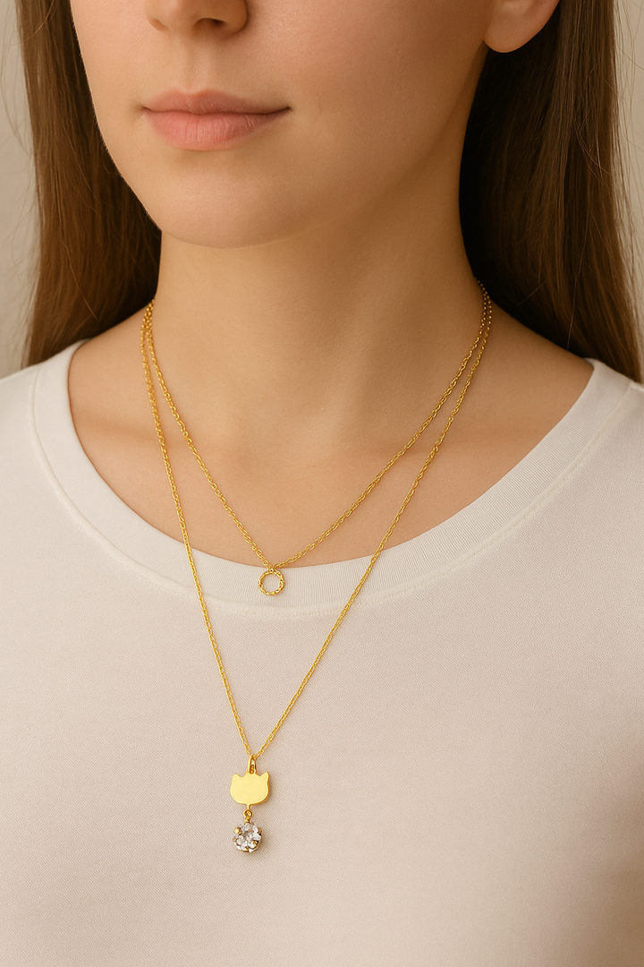 Cute Cat Pendant Layered Gold Necklace with Crystal Drop for Women & Girls