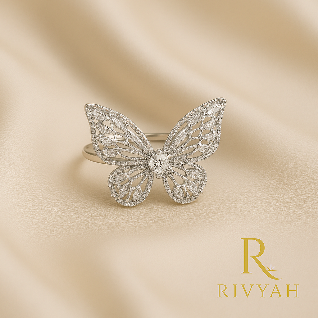 Elegant Silver-Plated Butterfly Ring with Zircon Detailing for Women & Girls