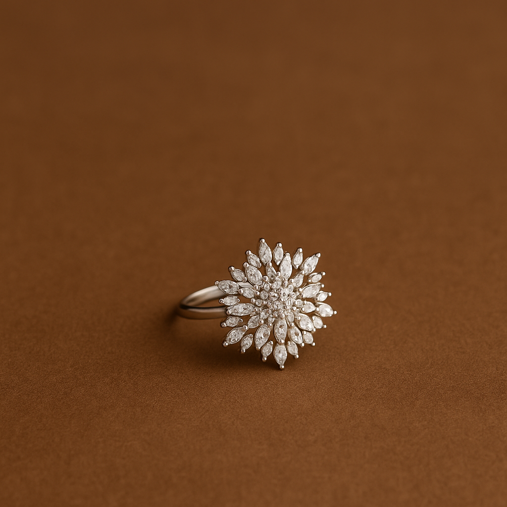 Stunning Silver-Plated Floral Cluster Ring with Marquise Stones for Women & Girls