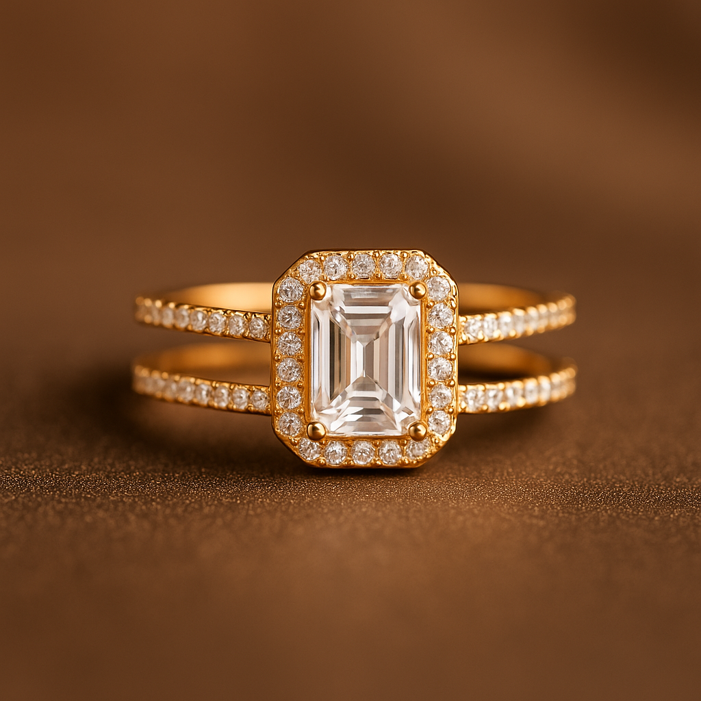 Stylish Gold-Plated Double Band Ring with Emerald-Cut Stone for Women & Girls