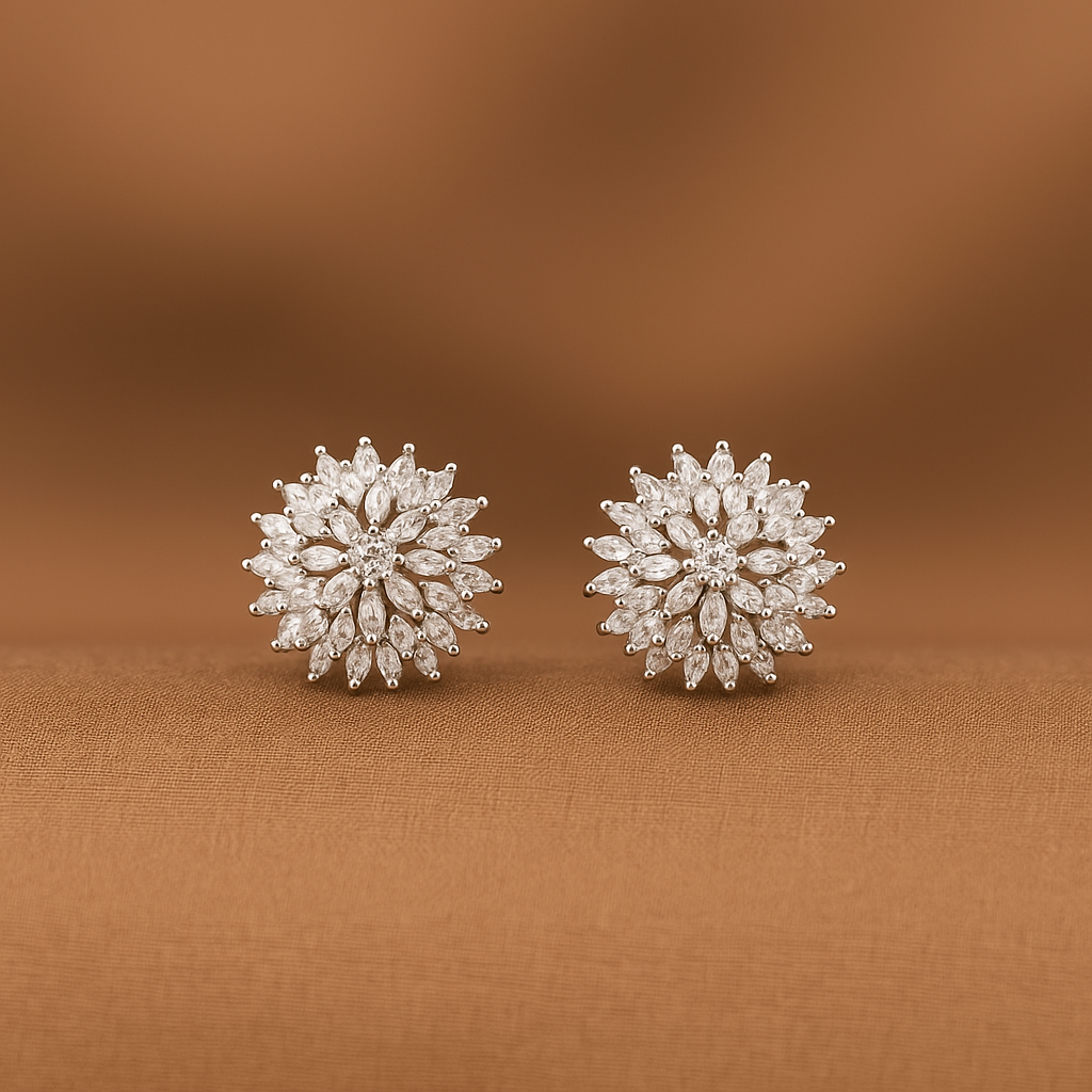 Elegant Silver Crystal Floral Stud Earrings for Women & Girls