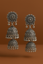 Load image into Gallery viewer, Oxidized Triple Dome Jhumka Earrings for women
