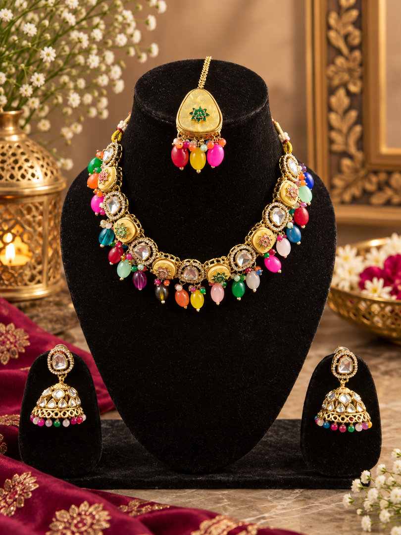 Multicolor Kundan Necklace Set with Jhumka Earrings | Traditional Indian Festive Jewellery
