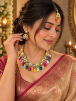 Load image into Gallery viewer, Multicolor Kundan Necklace Set with Jhumka Earrings | Traditional Indian Festive Jewellery