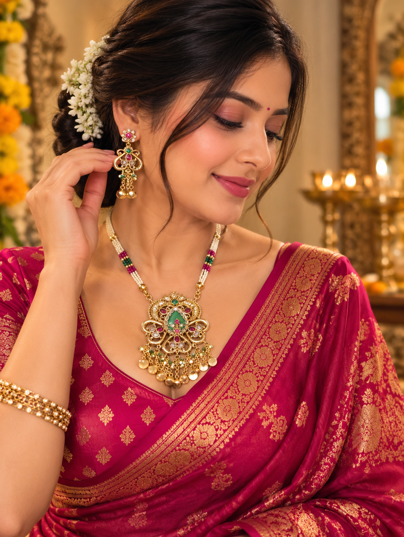 Royal Green & Gold Statement Necklace Set | Traditional Festive Jewellery