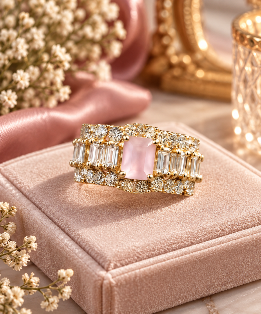 Elegant Pink Stone Gold Ring for Women | Designer Statement Ring