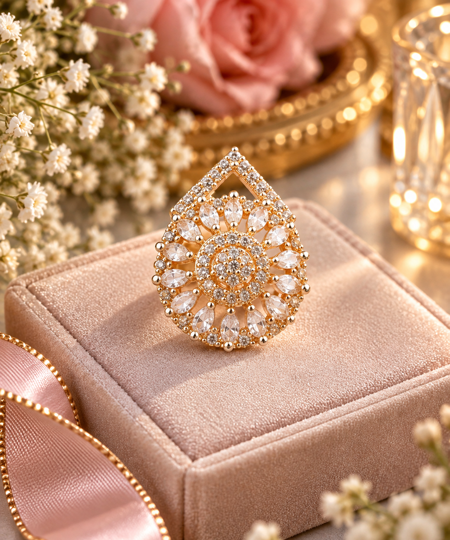 Gold Teardrop Crystal Statement Ring – Elegant Party Wear Jewellery