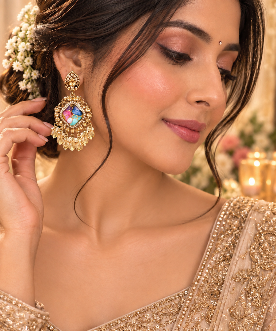 Multicolor Kundan Chandelier Earrings