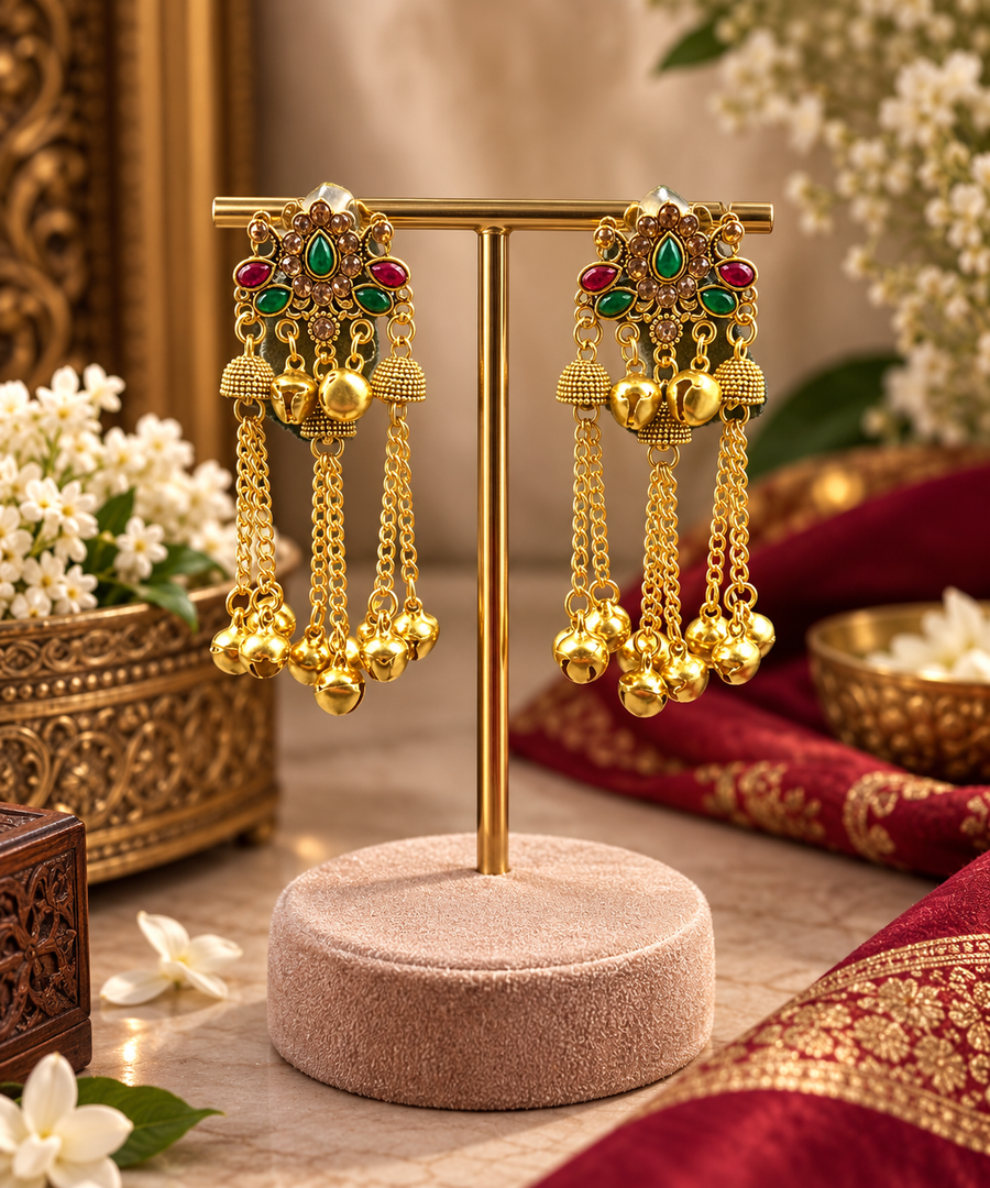 Royal Emerald & Ruby Chain Jhumkas