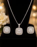 Load image into Gallery viewer, Luxury Square Halo Pendant Necklace &amp; Stud Earrings Set | Silver-Plated Crystal Jewelry for Women