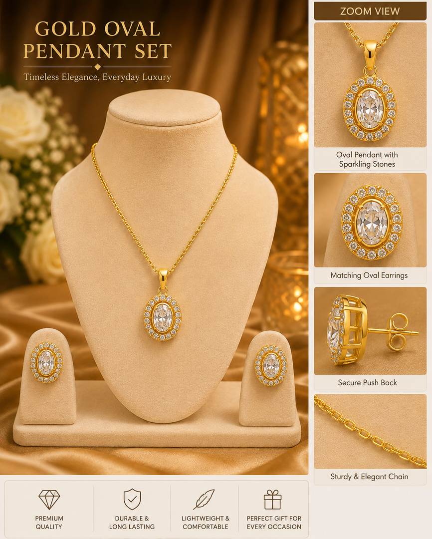 Elegant Gold Oval Pendant Necklace & Earrings Set | Crystal Jewelry for Women