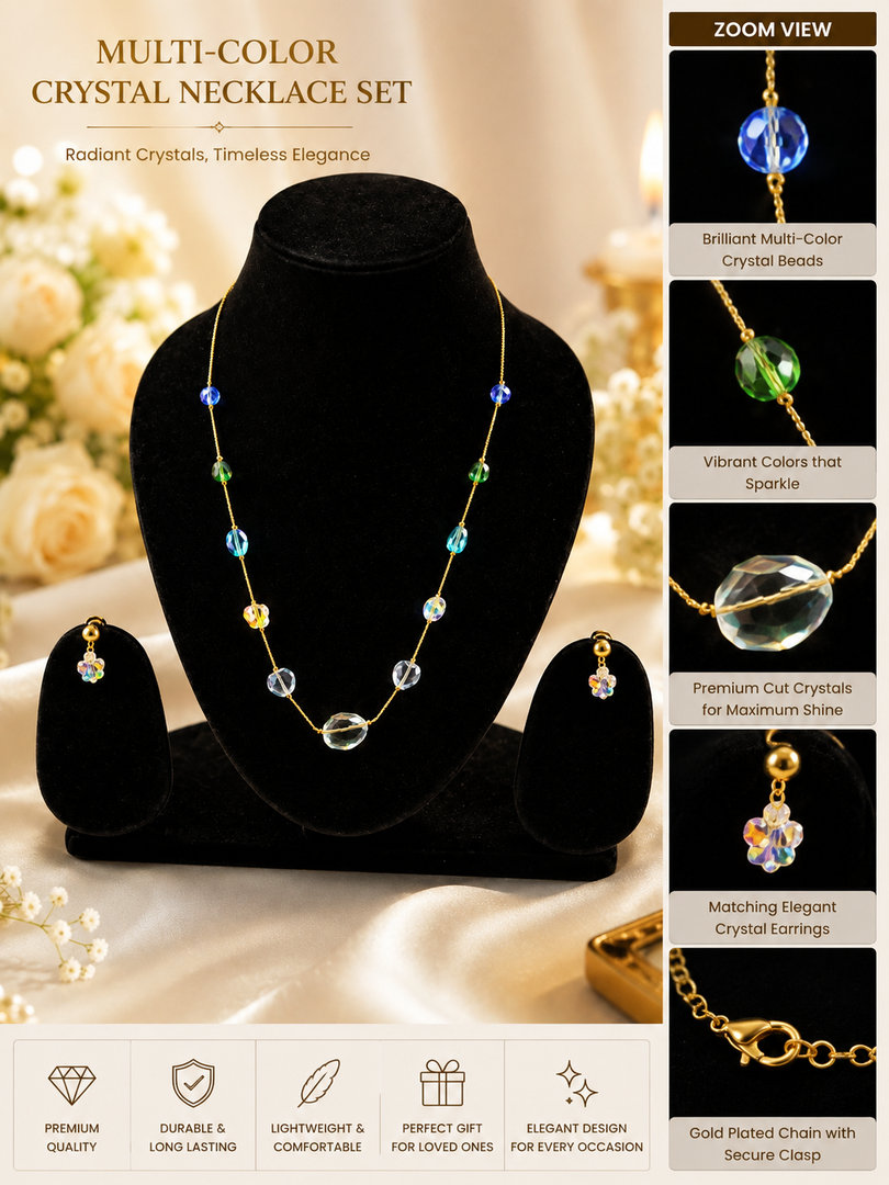Elegant Multi-Color Crystal Beaded Necklace & Earrings Set | Gold-Plated Jewelry for Women