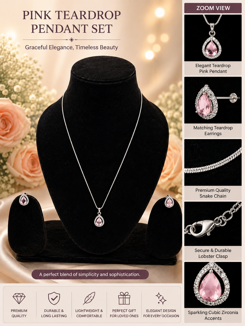 Elegant Pink Teardrop Pendant Necklace & Earrings Set | Silver-Plated Crystal Jewelry for Women