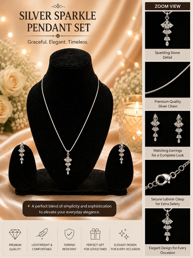 Silver Leaf Cascade Pendant Set – Elegant CZ Necklace & Earrings