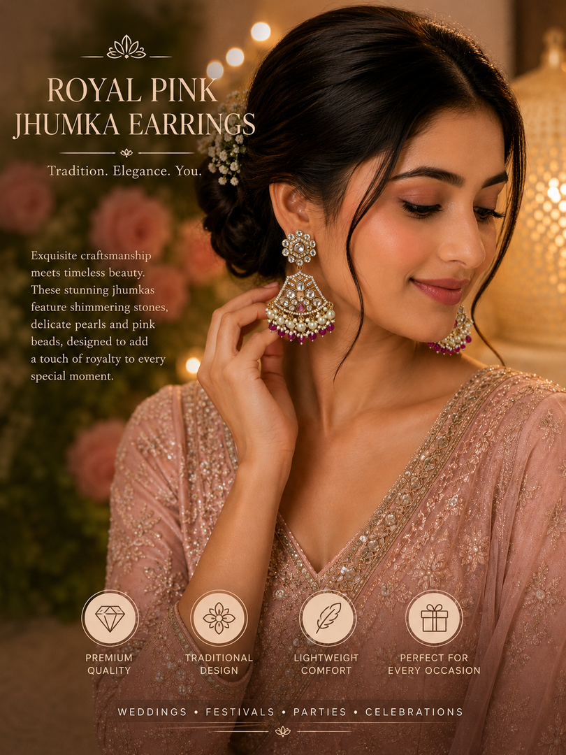 Royal Pink Jhumka Earrings – Traditional Gold & Pearl Statement Jewelry