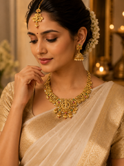Divine Lakshmi Temple Necklace Set with Jhumka Earrings & Maang Tikka