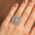 Load image into Gallery viewer, Silver-Plated Floral Diamond Statement Ring for Women &amp; Girls
