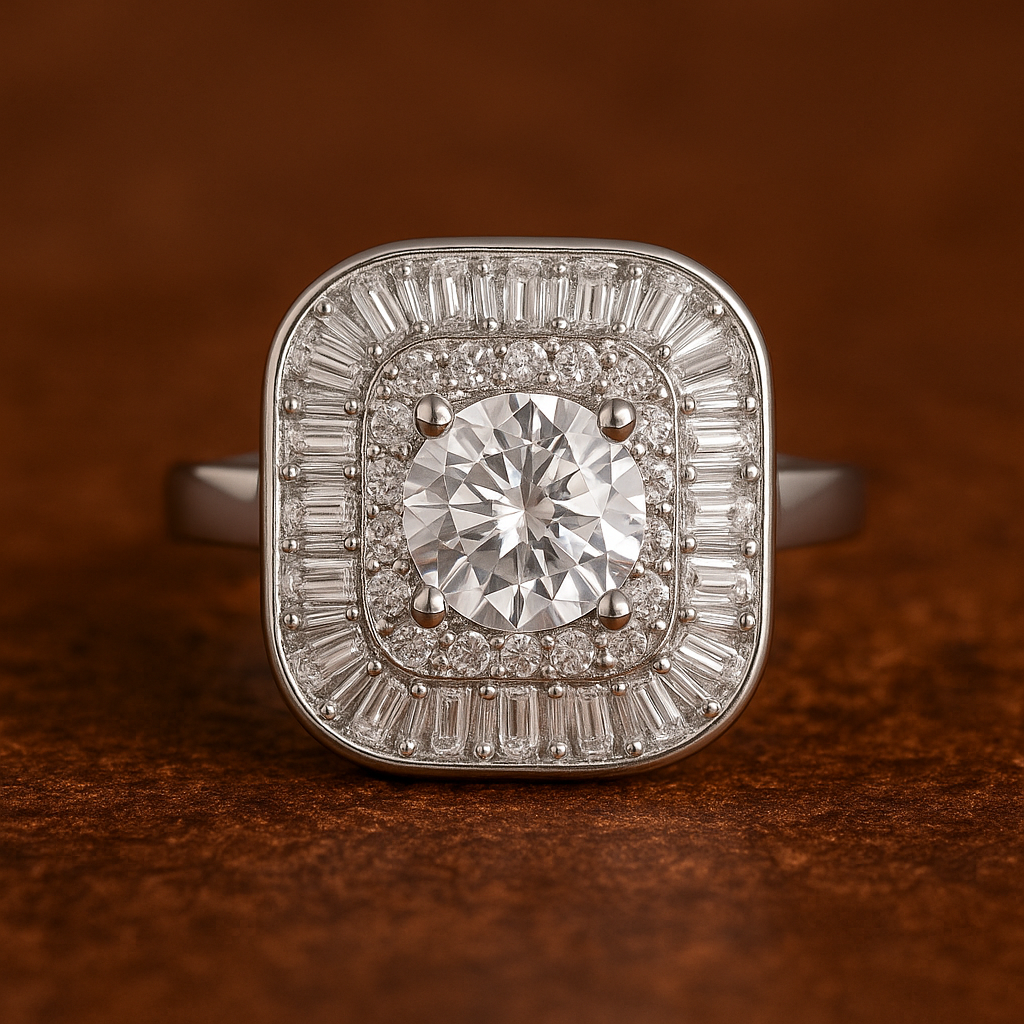 Elegant Silver-Plated Square Halo Ring with Round Center Stone for Women & Girls