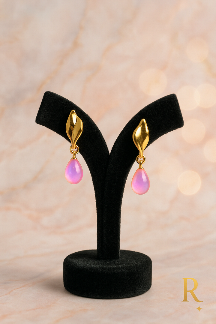 Gold Leaf & Pink Teardrop Earrings