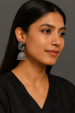 Load image into Gallery viewer, Peacock Twist Oxidized Jhumka Earrings for women
