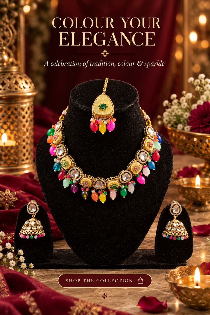 Multicolor Kundan Necklace Set with Jhumka Earrings | Traditional Indian Festive Jewellery