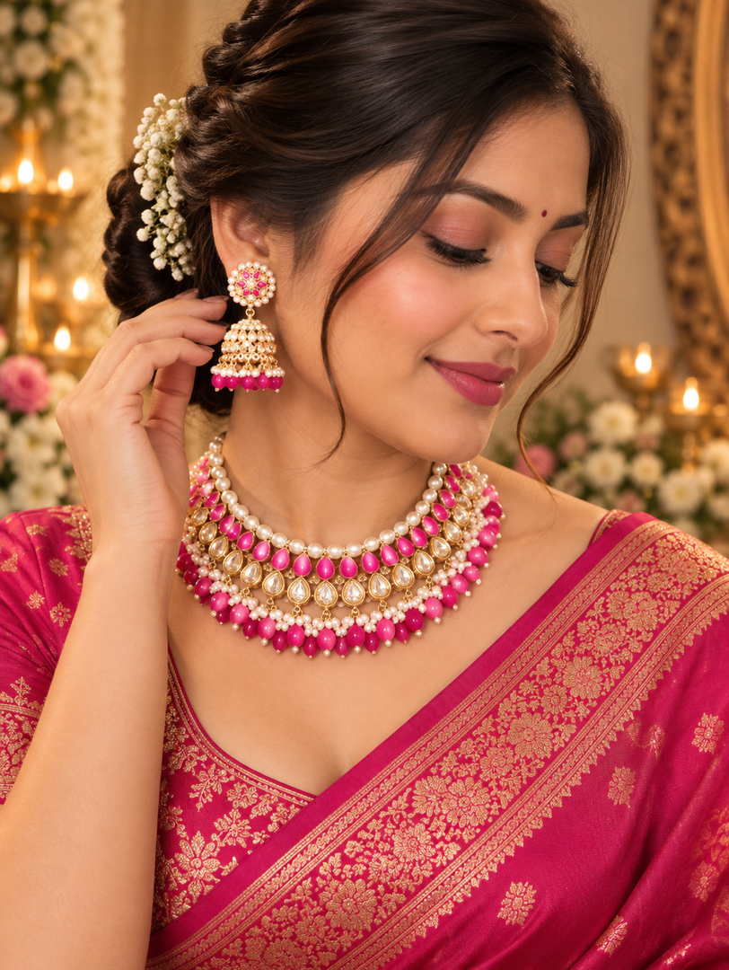 Pink Kundan Necklace & Jhumka Jewellery Set | Traditional Indian Elegance