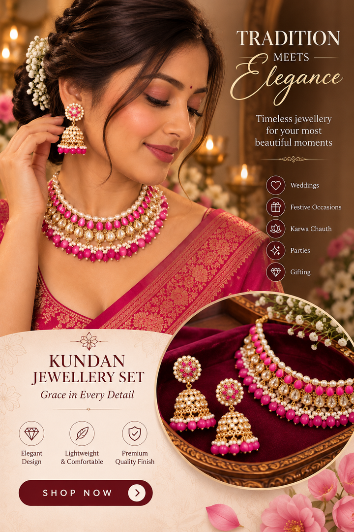 Pink Kundan Necklace & Jhumka Jewellery Set | Traditional Indian Elegance