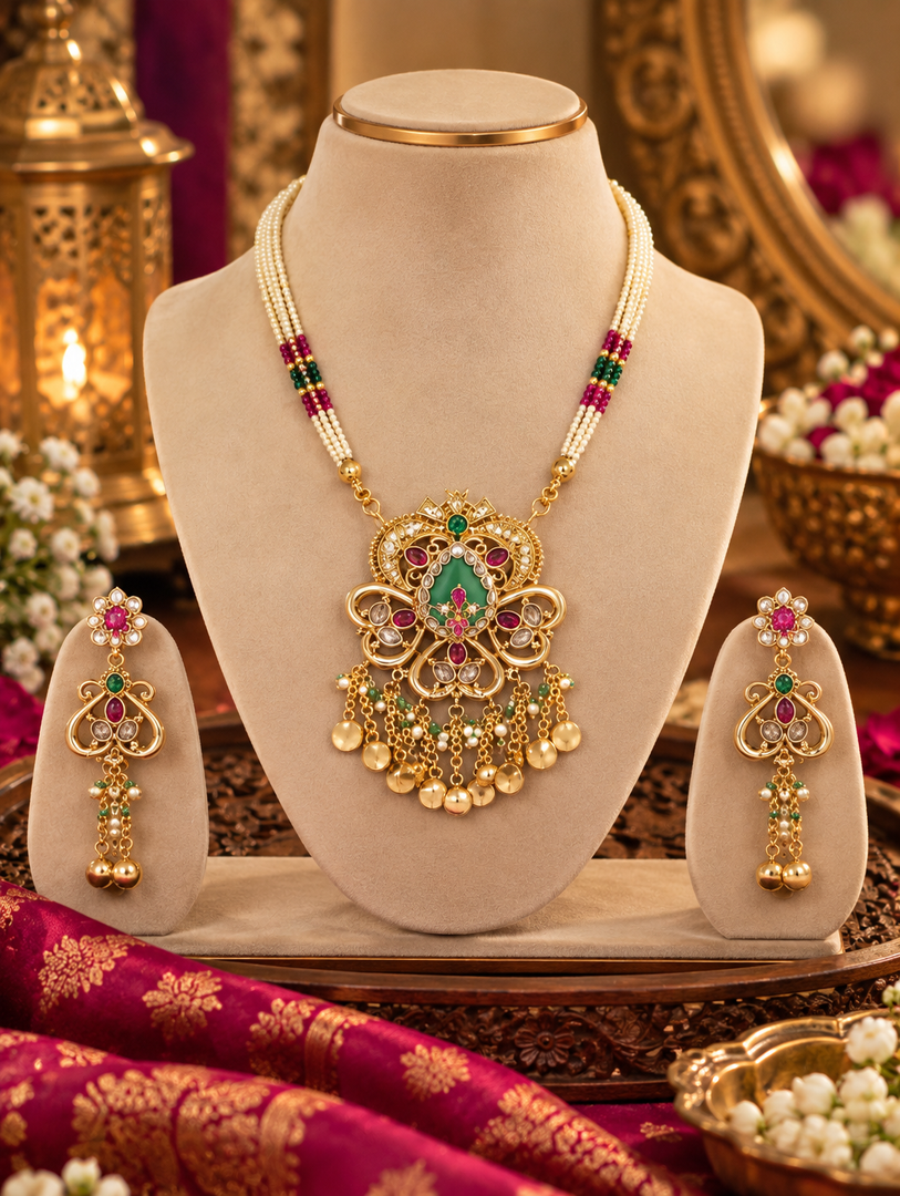 Royal Green & Gold Statement Necklace Set | Traditional Festive Jewellery