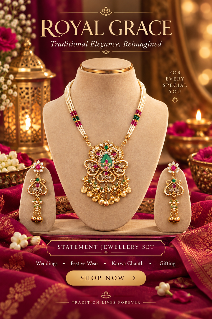 Royal Green & Gold Statement Necklace Set | Traditional Festive Jewellery
