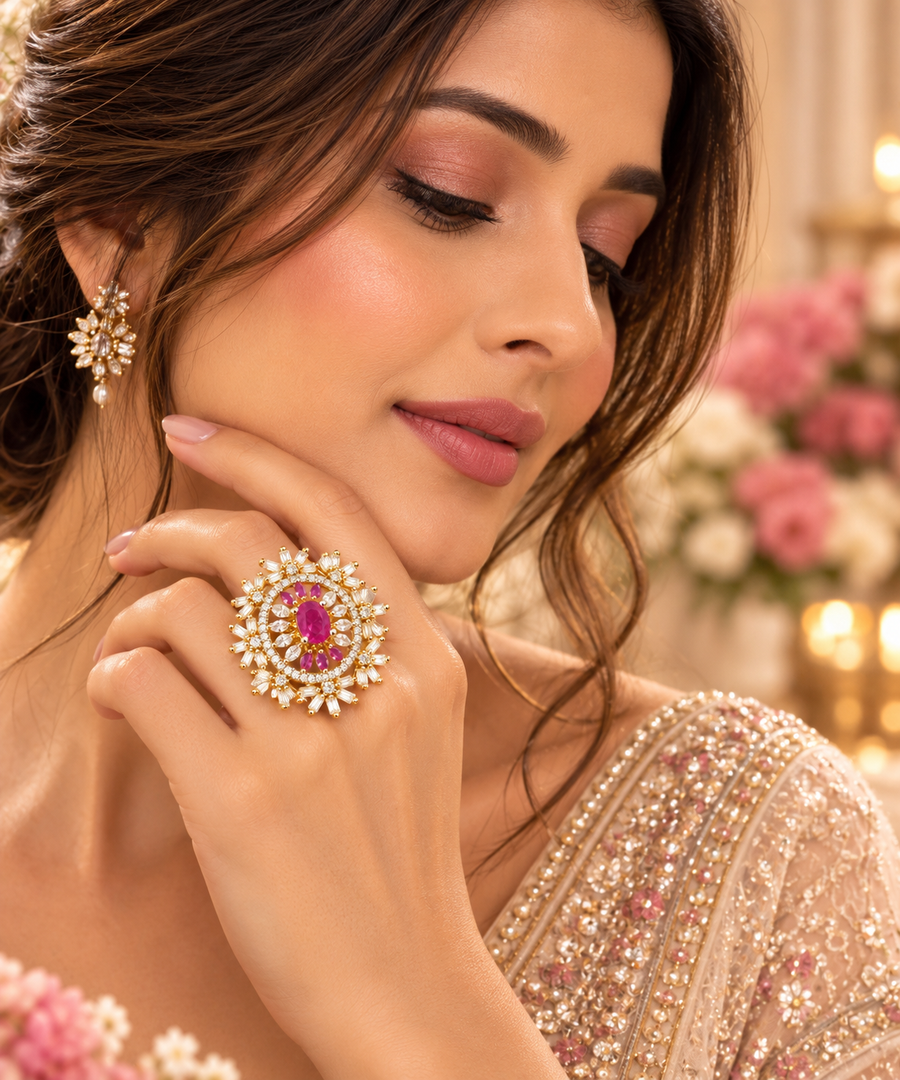 Pink Stone Statement Ring | Gold Designer Ring for Women