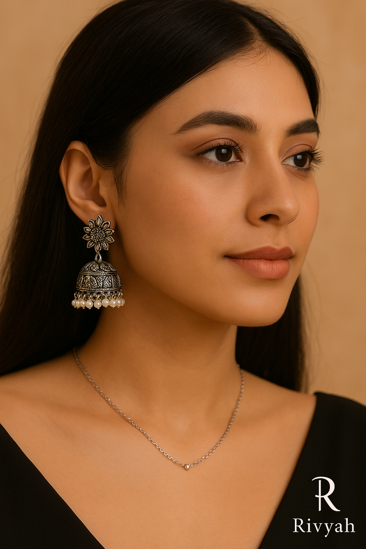 Rivyah Oxidized Pearl Jhumka Earrings