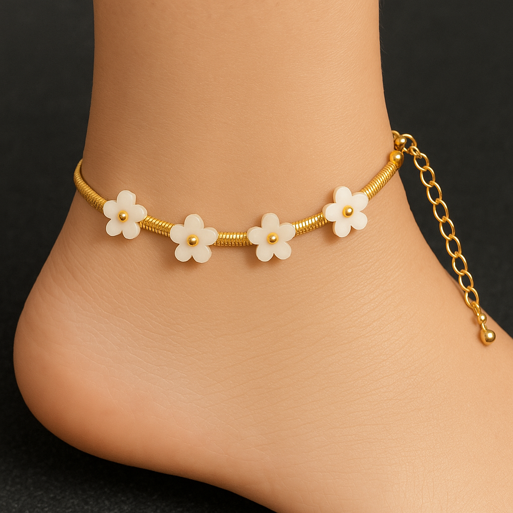 Elegant Gold-Plated Floral Anklet with Mother-of-Pearl Charms for Women & Girls