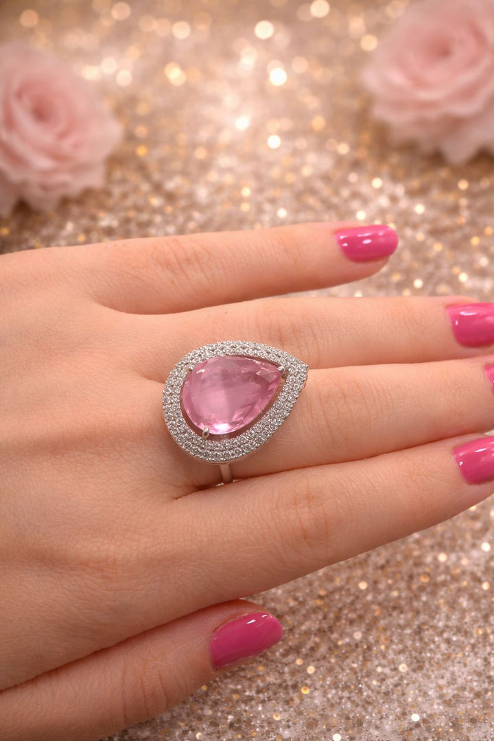 Pink Teardrop Stone Silver Finish Ring