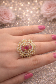 Pink Crystal Gold Finish Statement Ring