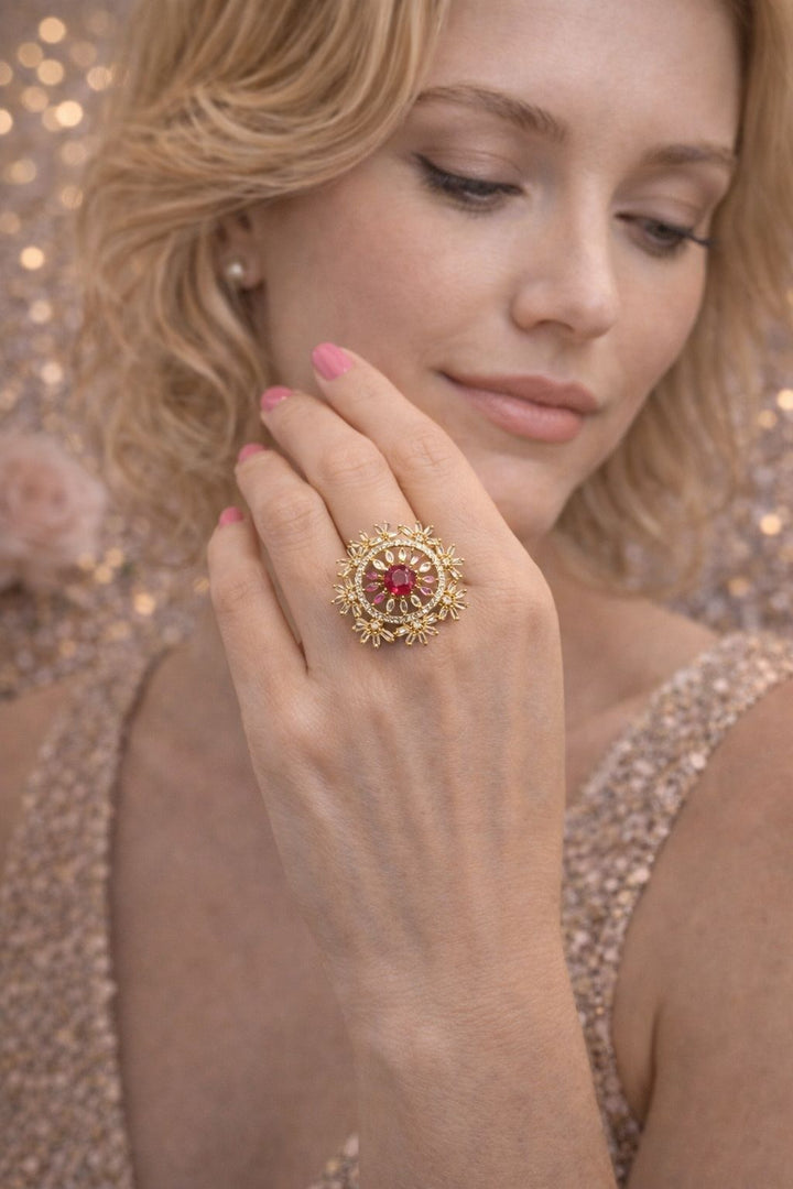 Pink Crystal Gold Finish Statement Ring