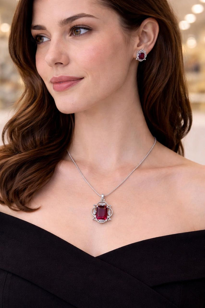 Royal Ruby Red Crystal Pendant Necklace & Earrings Set | Silver-Plated Jewelry for Women