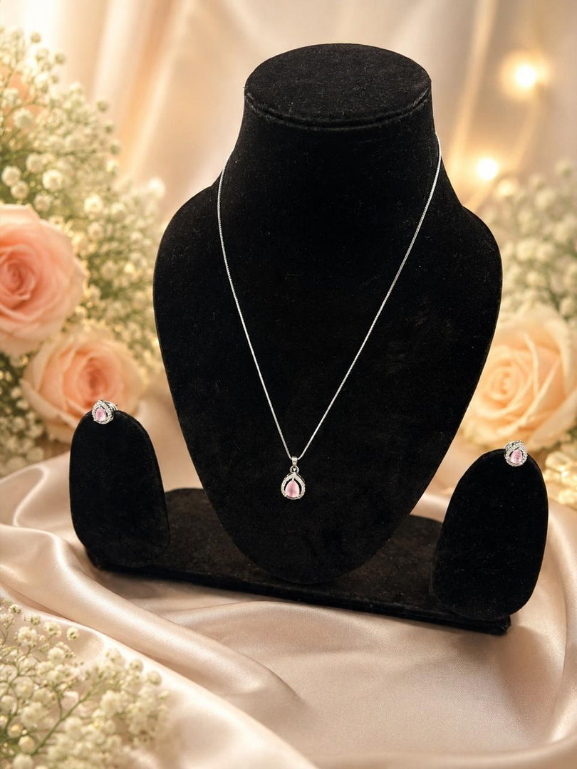 Elegant Pink Teardrop Pendant Necklace & Earrings Set | Silver-Plated Crystal Jewelry for Women
