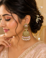 Load image into Gallery viewer, Pink Stone Gold Jhumka Earrings – Traditional Indian Bridal &amp; Festive Jewelry