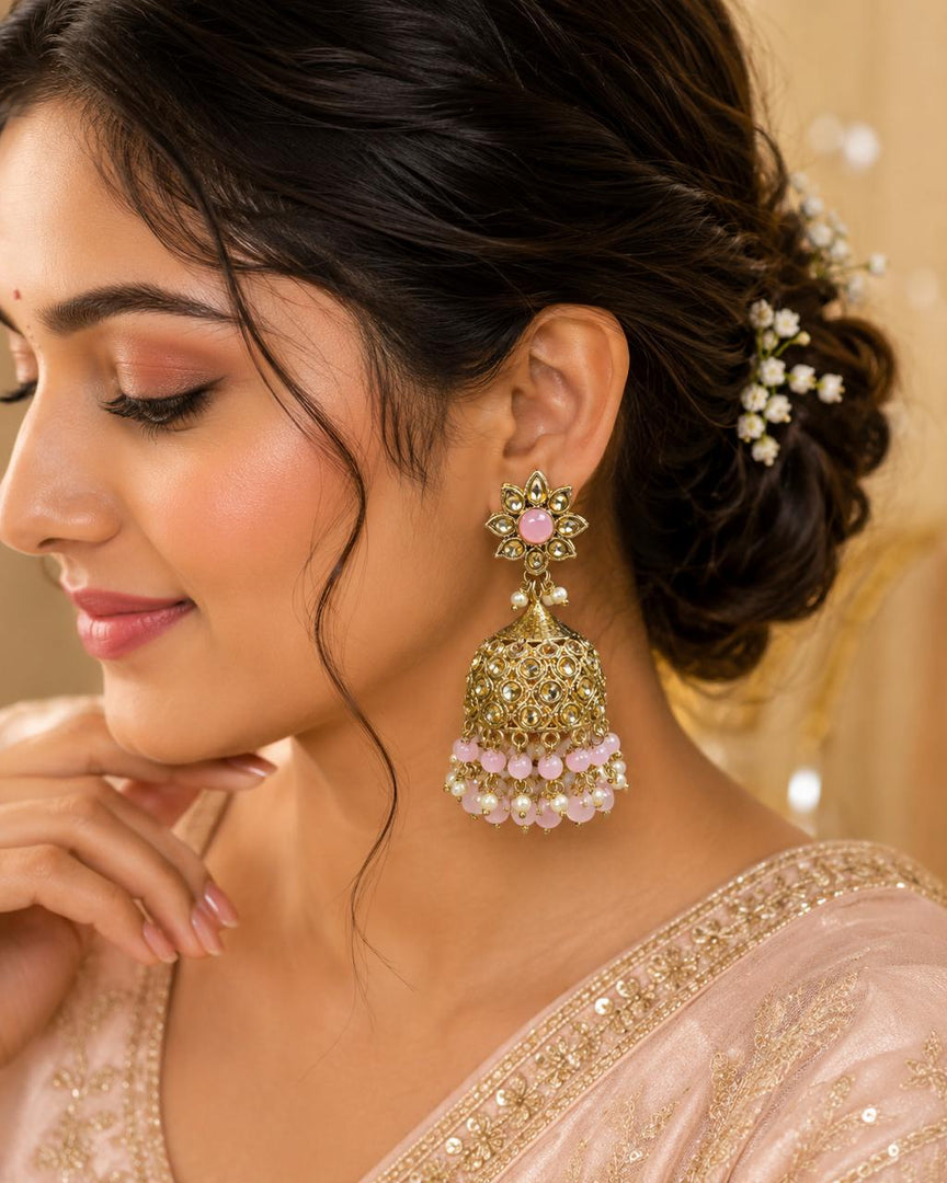 Pink Stone Gold Jhumka Earrings – Traditional Indian Bridal & Festive Jewelry
