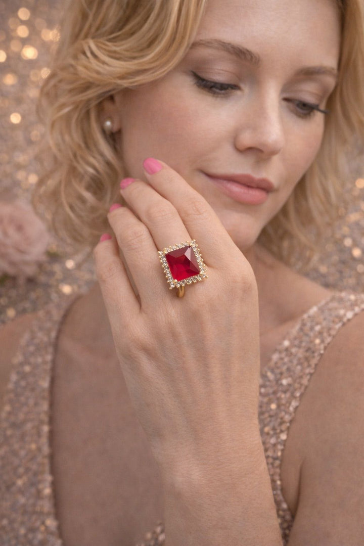 Red Stone Gold Finish Party Wear Ring